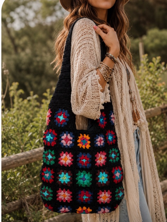 Handbags - Boho Granny-square Crochet Floral Patchwork Shoulder Bag in Black